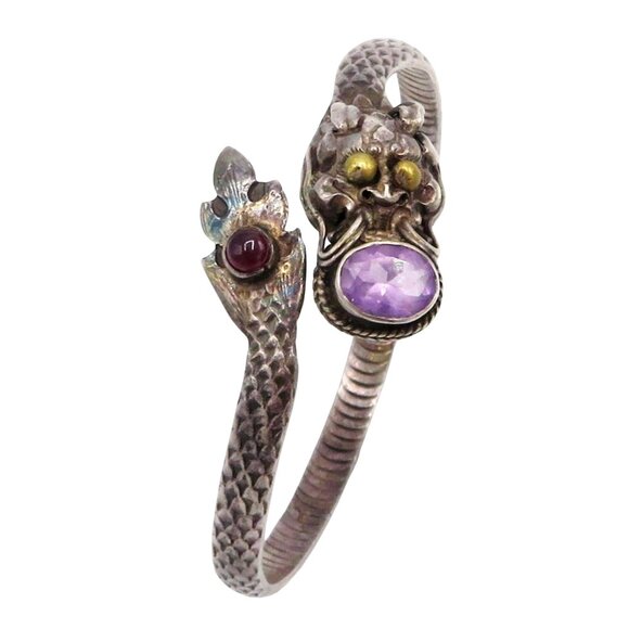 Vintage Sterling Silver Amethyst Snake Serpent Dragon Bangle/Cuff Style Bracelet - Picture 10 of 11